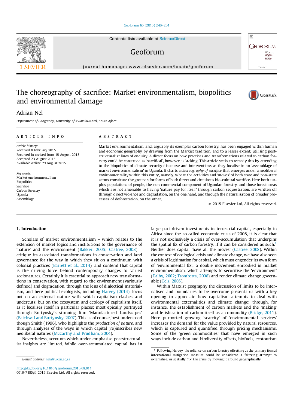 The choreography of sacrifice: Market environmentalism, biopolitics and environmental damage