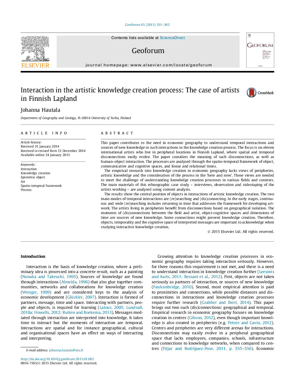 Interaction in the artistic knowledge creation process: The case of artists in Finnish Lapland