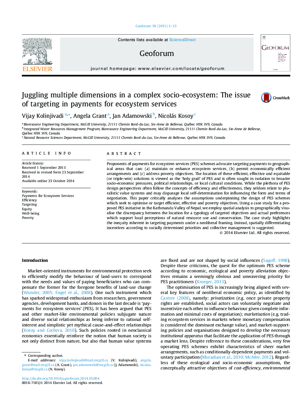 Juggling multiple dimensions in a complex socio-ecosystem: The issue of targeting in payments for ecosystem services