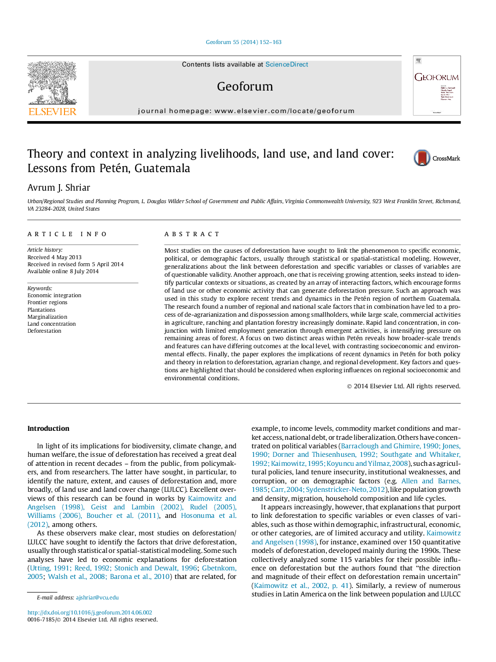 Theory and context in analyzing livelihoods, land use, and land cover: Lessons from Petén, Guatemala