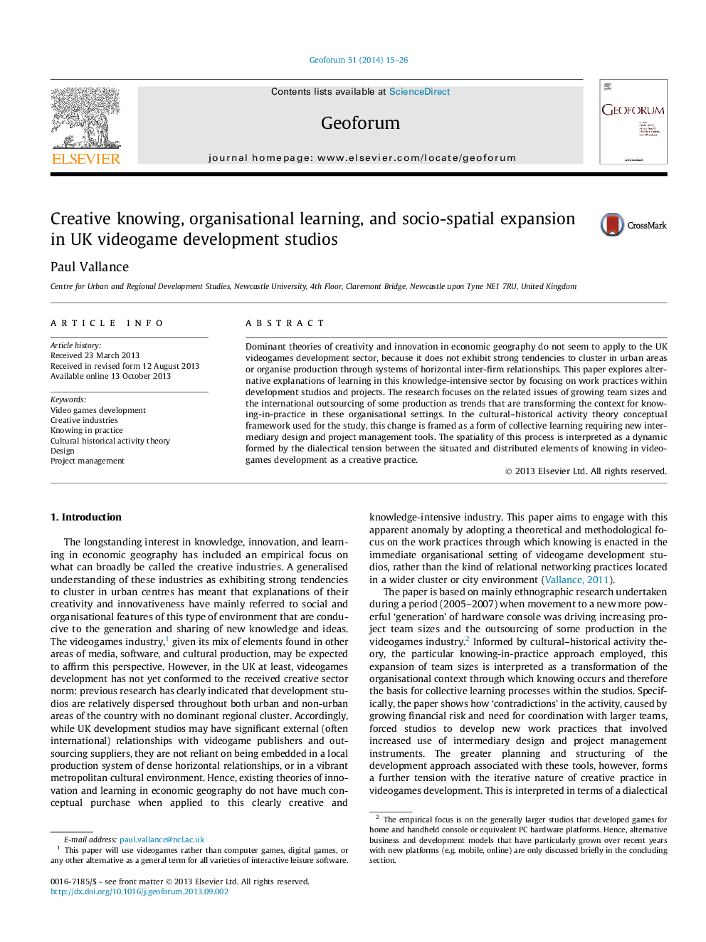 Creative knowing, organisational learning, and socio-spatial expansion in UK videogame development studios