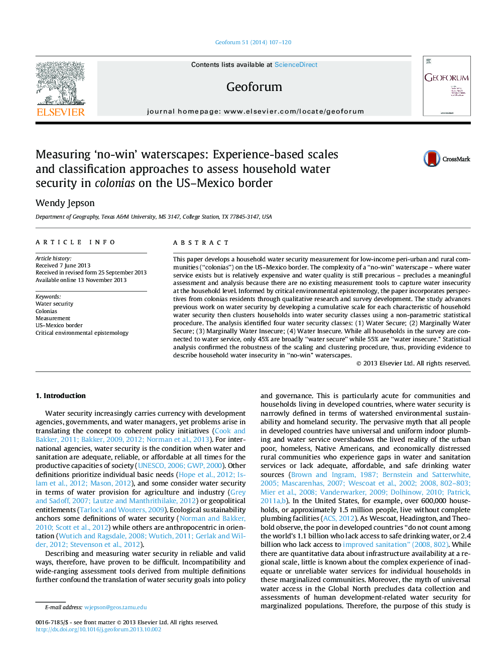Measuring 'no-win' waterscapes: Experience-based scales and classification approaches to assess household water security in colonias on the US-Mexico border