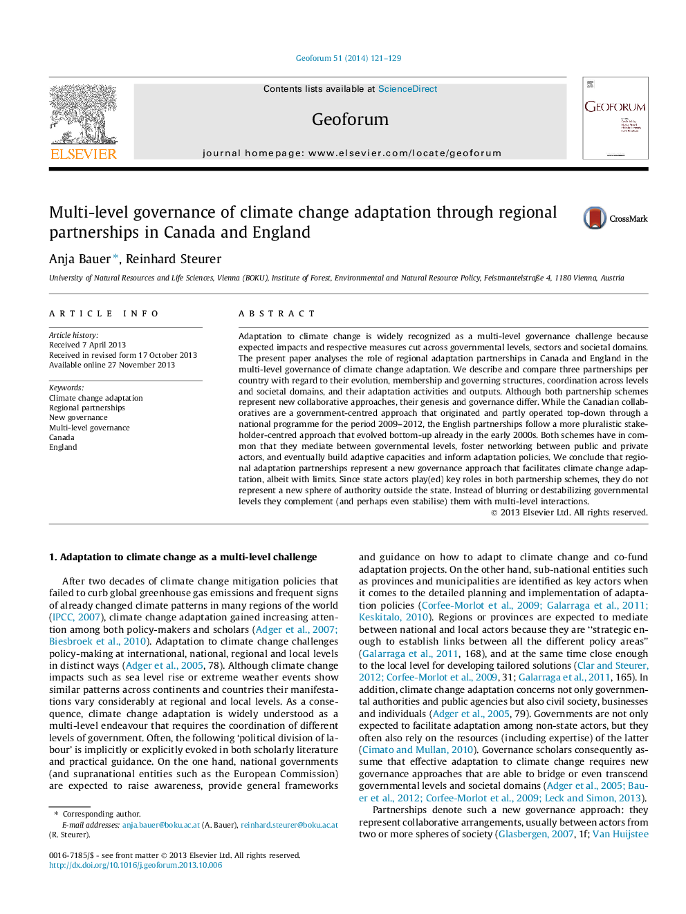 Multi-level governance of climate change adaptation through regional partnerships in Canada and England