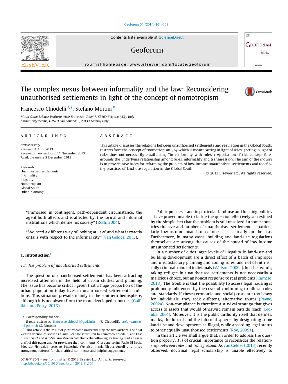 The complex nexus between informality and the law: Reconsidering unauthorised settlements in light of the concept of nomotropism