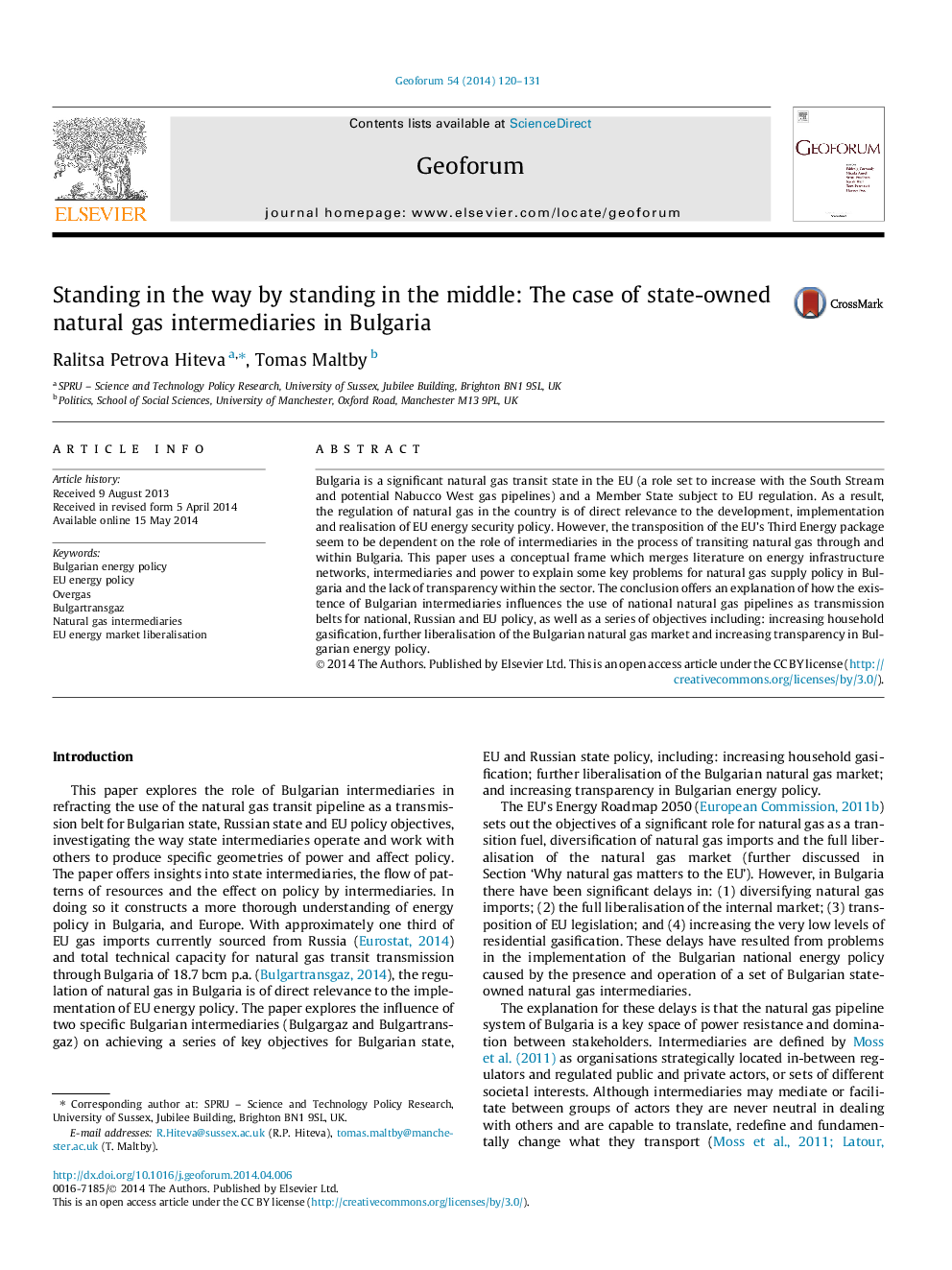 Standing in the way by standing in the middle: The case of state-owned natural gas intermediaries in Bulgaria