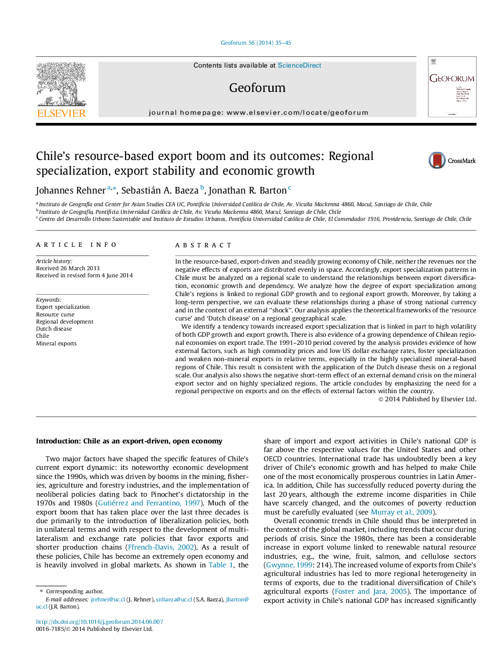 Chile's resource-based export boom and its outcomes: Regional specialization, export stability and economic growth