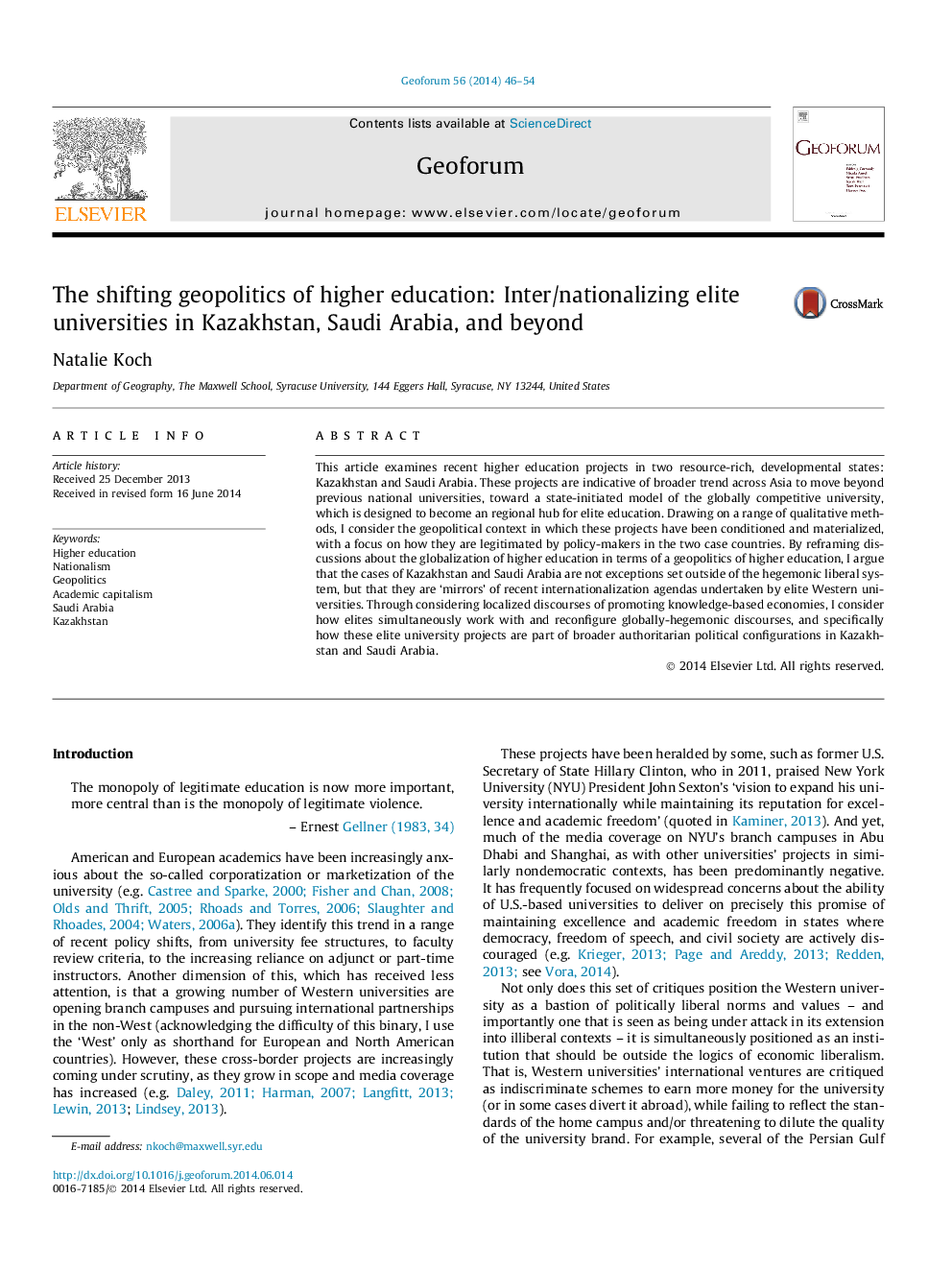 The shifting geopolitics of higher education: Inter/nationalizing elite universities in Kazakhstan, Saudi Arabia, and beyond