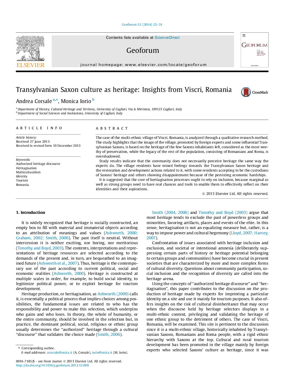 Transylvanian Saxon culture as heritage: Insights from Viscri, Romania