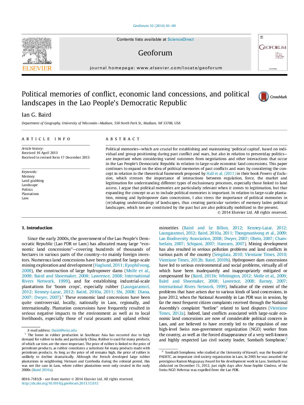 Political memories of conflict, economic land concessions, and political landscapes in the Lao People's Democratic Republic