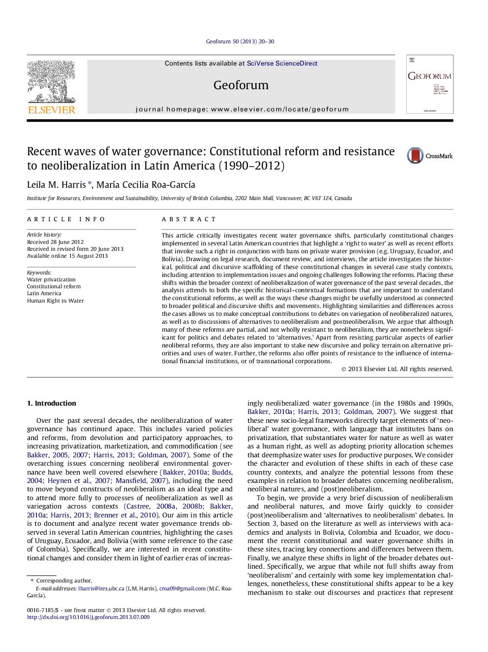 Recent waves of water governance: Constitutional reform and resistance to neoliberalization in Latin America (1990-2012)