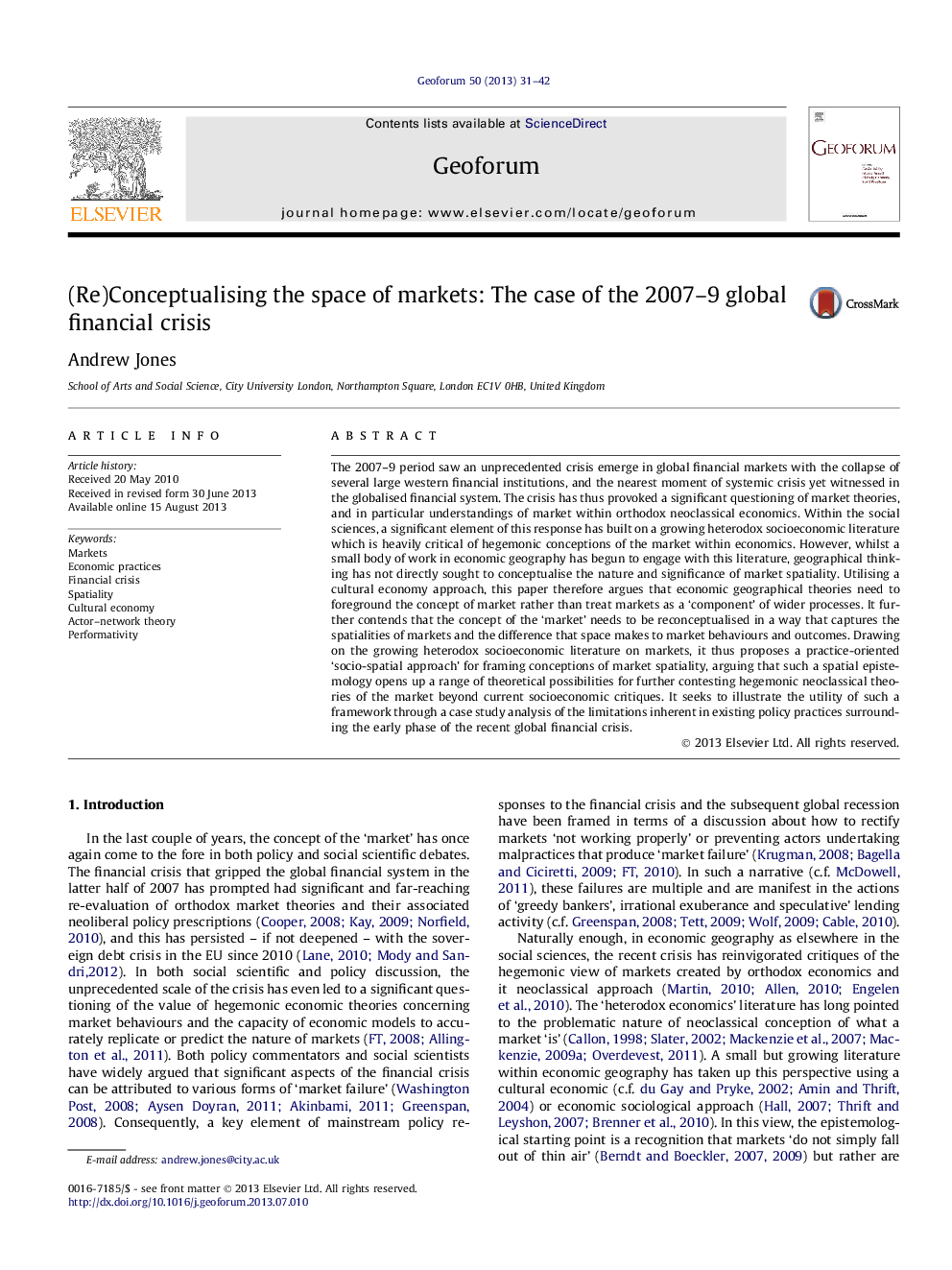 عکس صفحه اول مقاله: (Re)Conceptualising the space of markets: The case of the 2007-9 global financial crisis (Re)Conceptualising the space of markets: The case of the 2007-9 global financial crisis