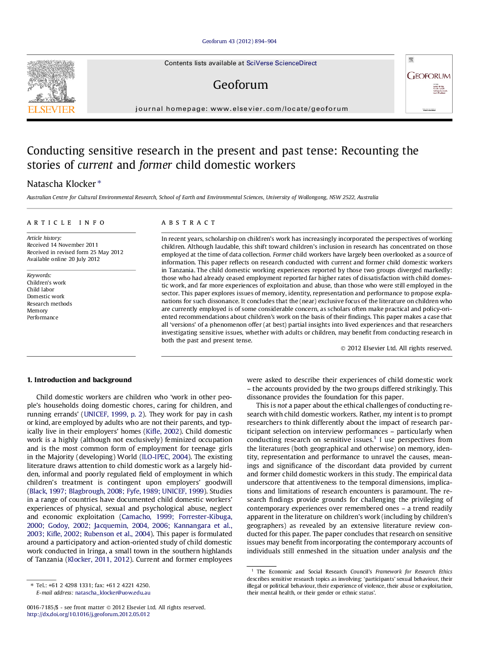 Conducting sensitive research in the present and past tense: Recounting the stories of current and former child domestic workers