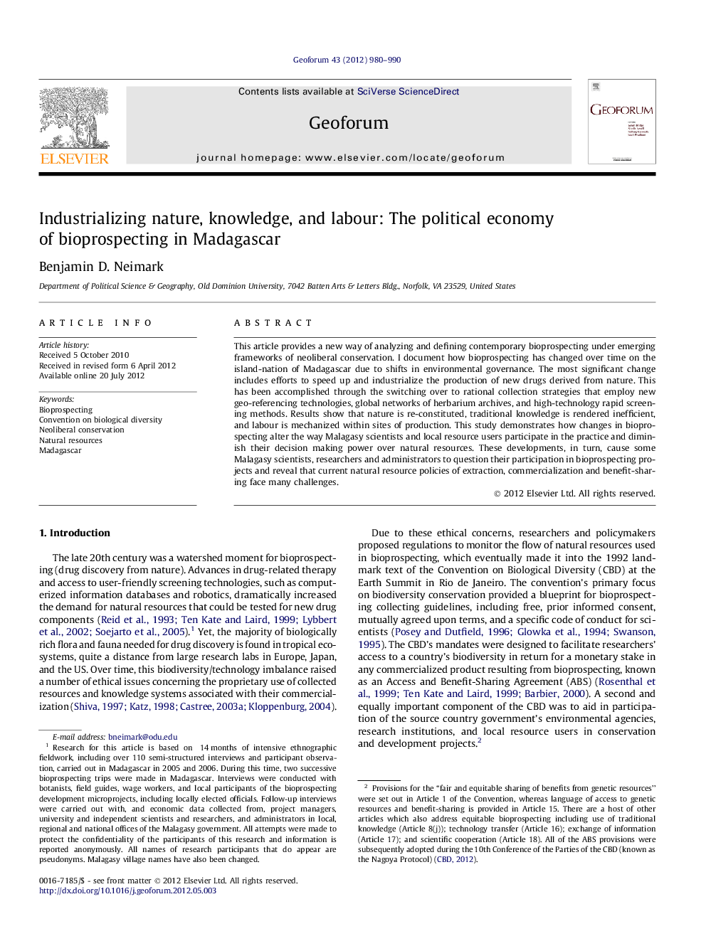 Industrializing nature, knowledge, and labour: The political economy of bioprospecting in Madagascar