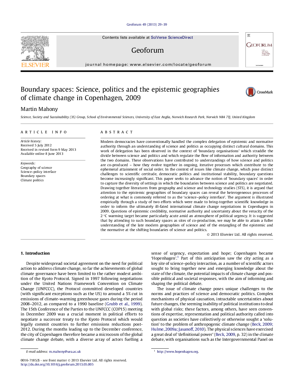 Boundary spaces: Science, politics and the epistemic geographies of climate change in Copenhagen, 2009