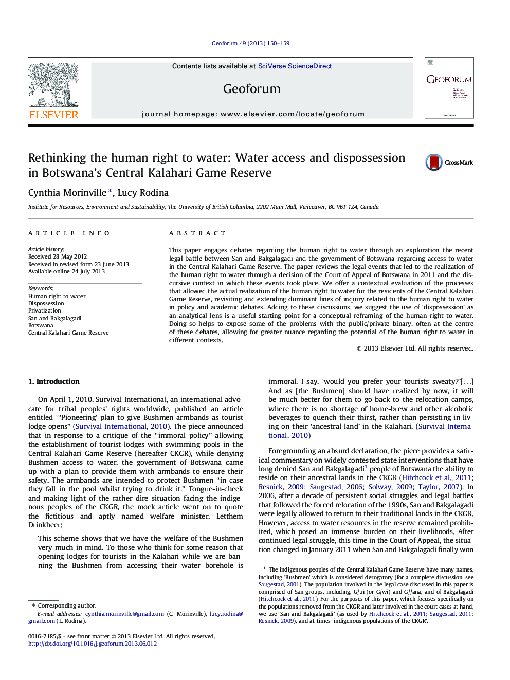 Rethinking the human right to water: Water access and dispossession in Botswana's Central Kalahari Game Reserve