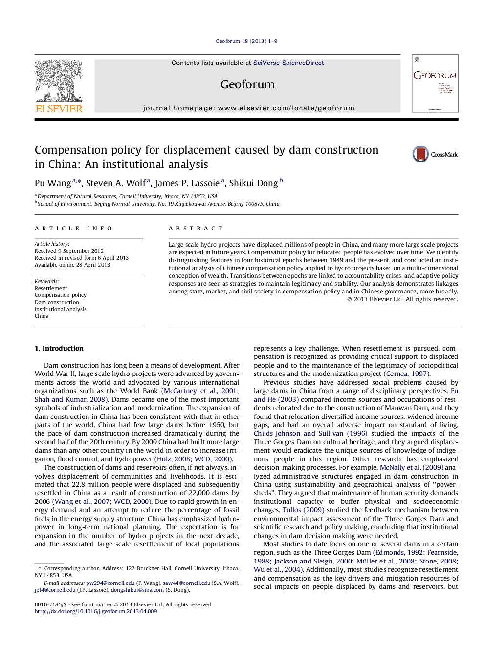 Compensation policy for displacement caused by dam construction in China: An institutional analysis