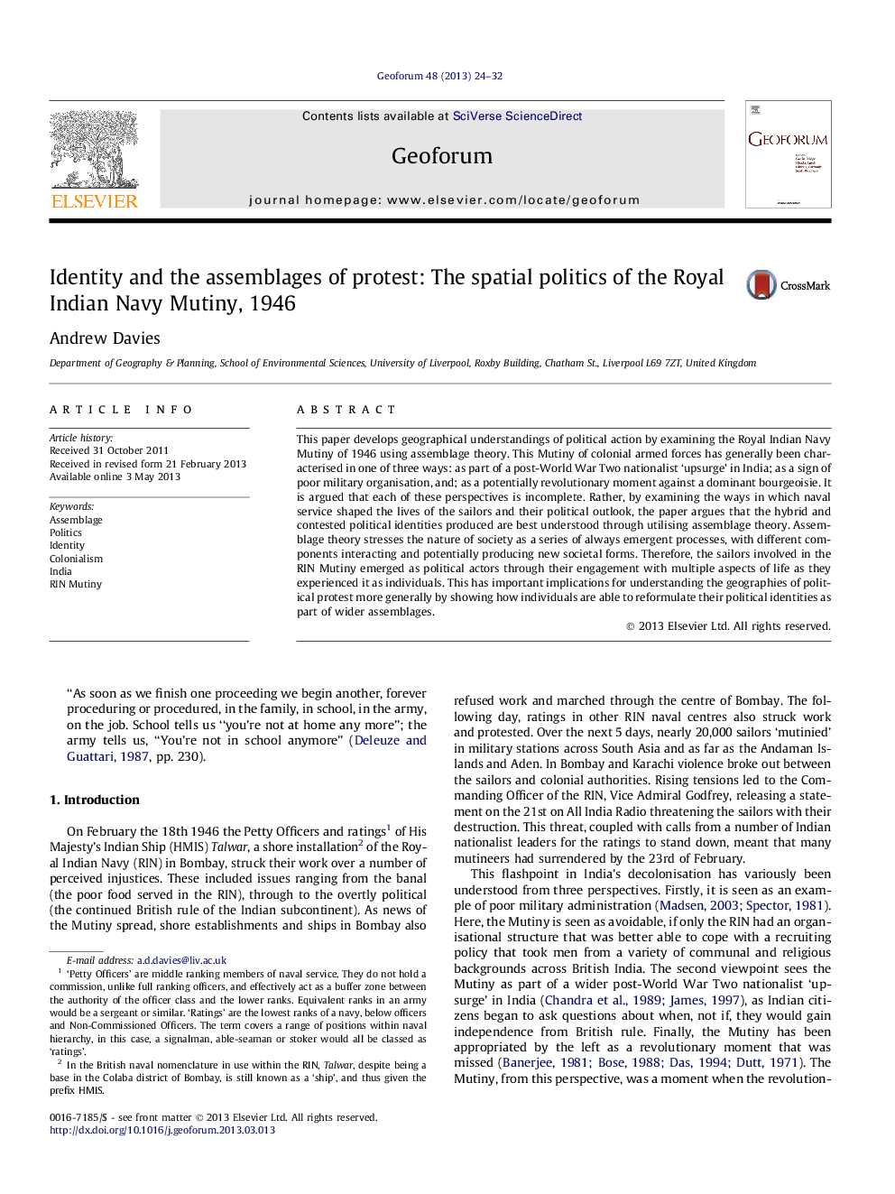 Identity and the assemblages of protest: The spatial politics of the Royal Indian Navy Mutiny, 1946