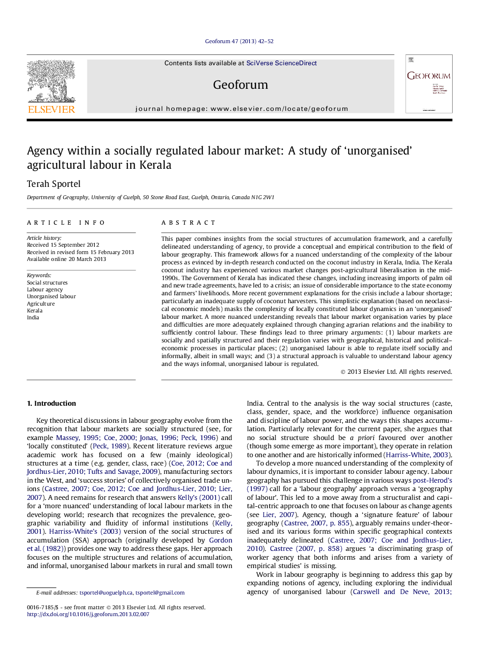 Agency within a socially regulated labour market: A study of 'unorganised' agricultural labour in Kerala