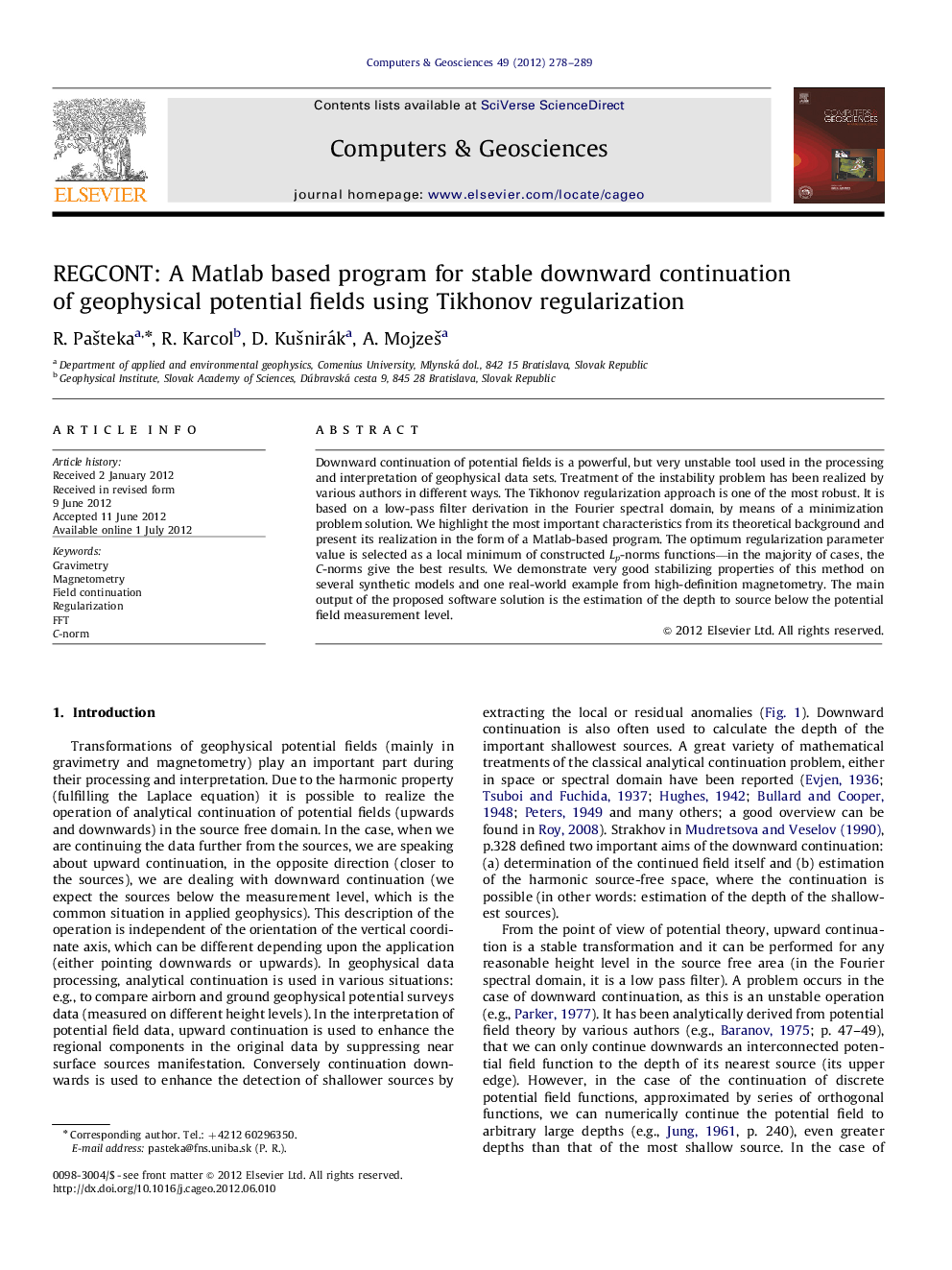 REGCONT: A Matlab based program for stable downward continuation of geophysical potential fields using Tikhonov regularization