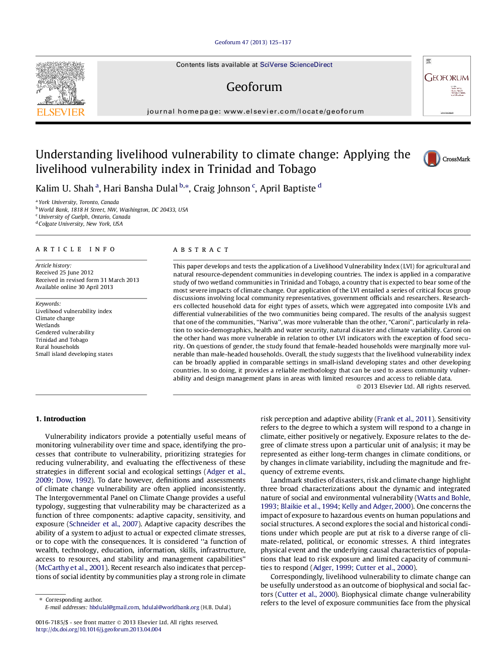 Understanding livelihood vulnerability to climate change: Applying the livelihood vulnerability index in Trinidad and Tobago