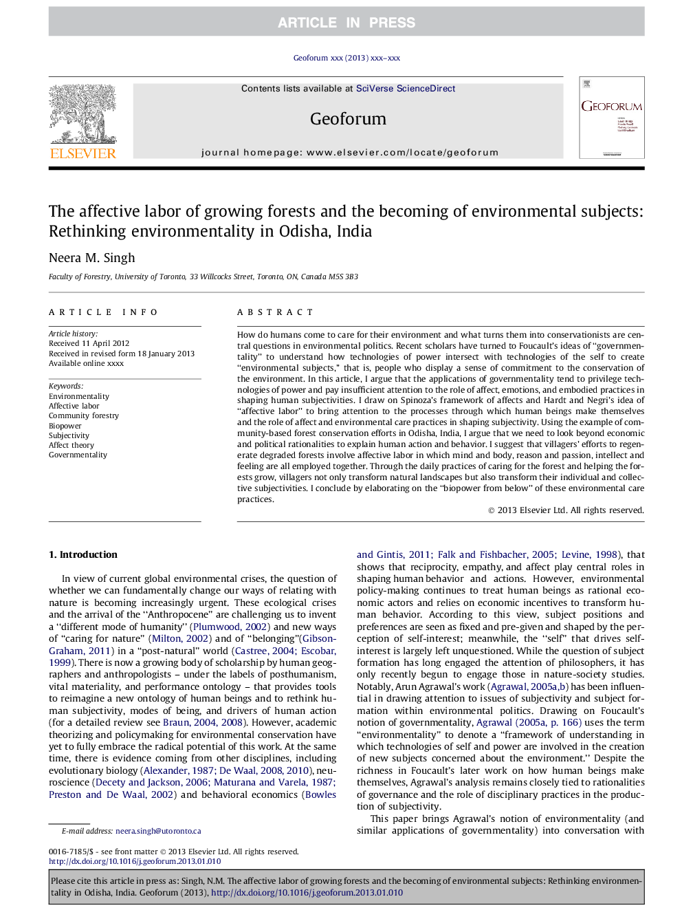 The affective labor of growing forests and the becoming of environmental subjects: Rethinking environmentality in Odisha, India