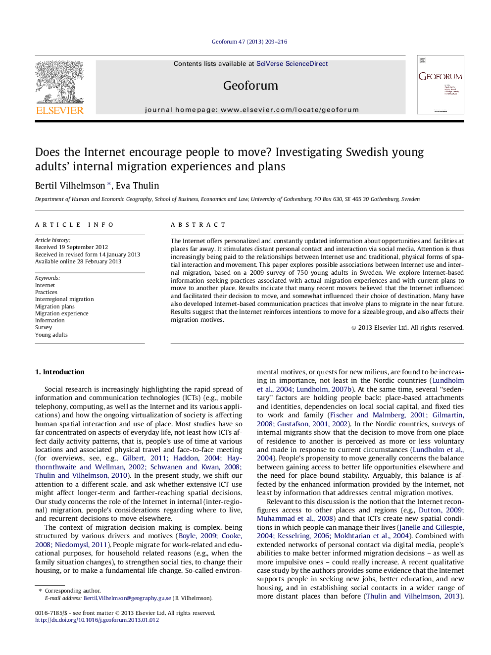 Does the Internet encourage people to move? Investigating Swedish young adults' internal migration experiences and plans