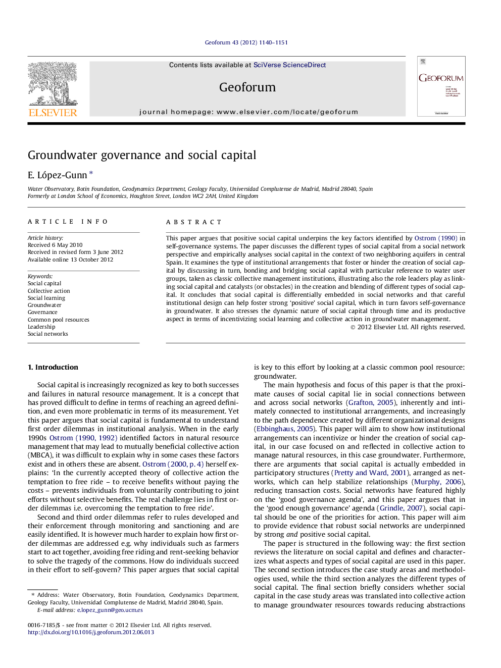 عکس صفحه اول مقاله: Groundwater governance and social capital Groundwater governance and social capital