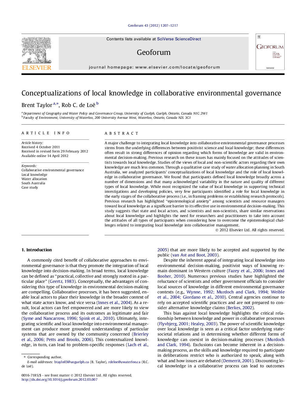 Conceptualizations of local knowledge in collaborative environmental governance