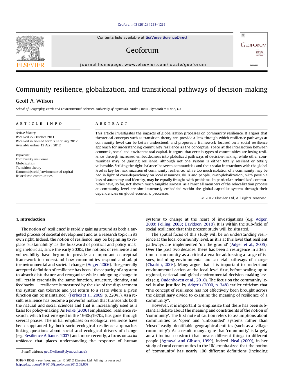 Community resilience, globalization, and transitional pathways of decision-making