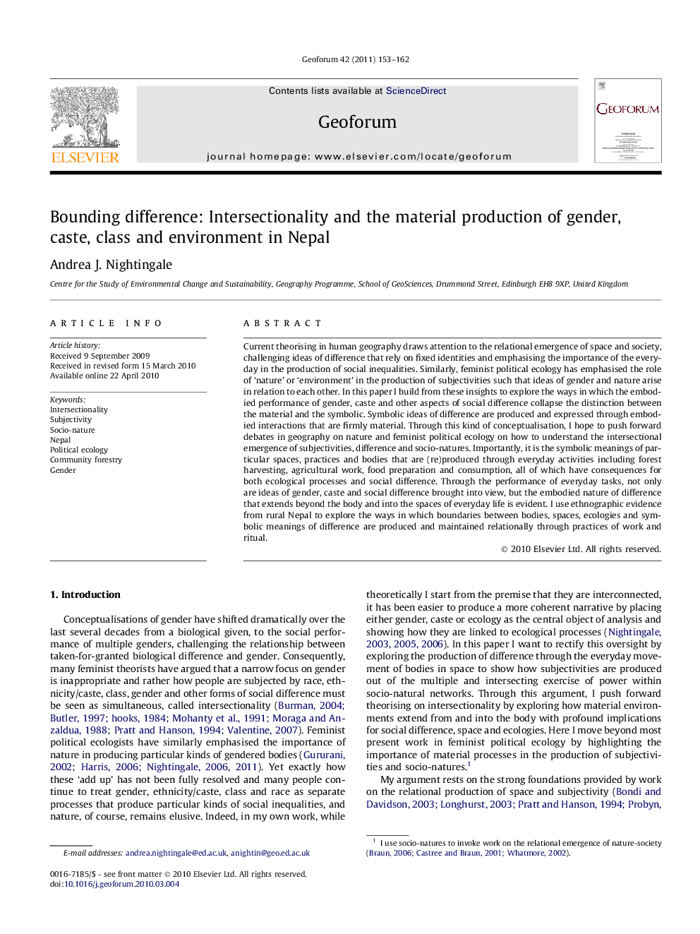 Bounding difference: Intersectionality and the material production of gender, caste, class and environment in Nepal