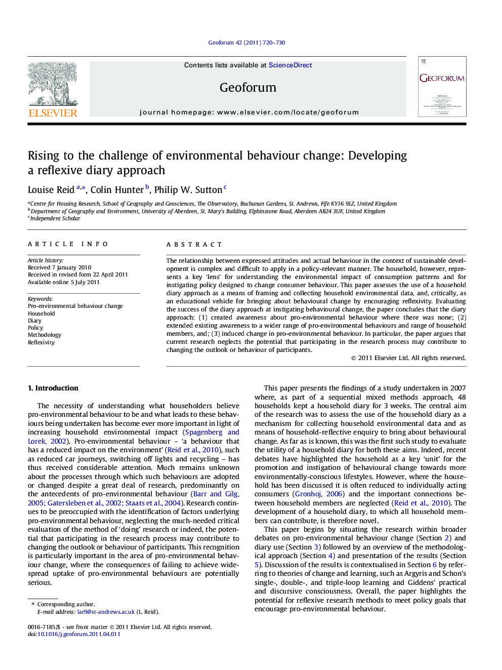 Rising to the challenge of environmental behaviour change: Developing a reflexive diary approach