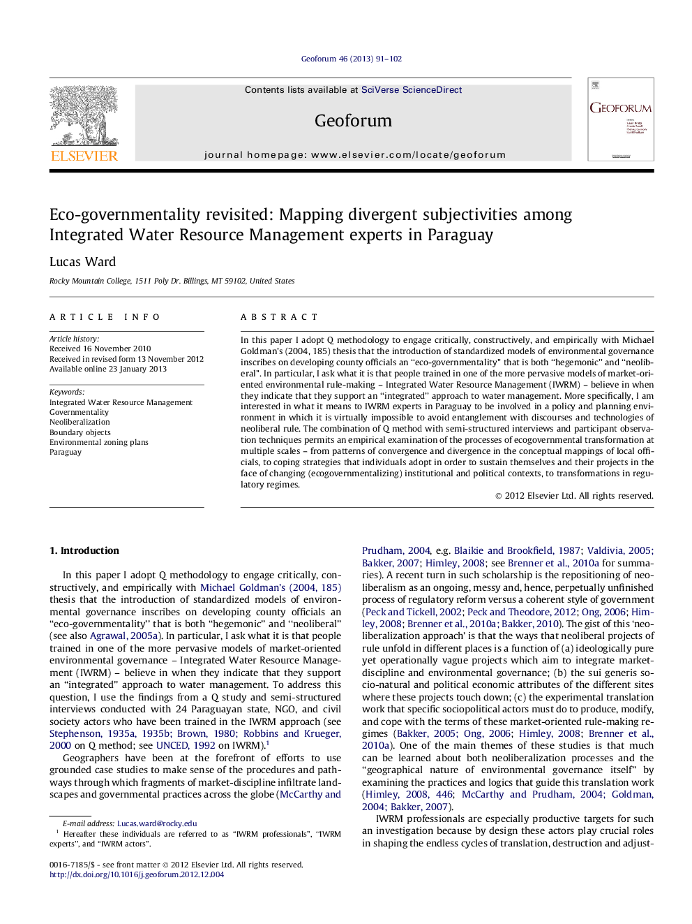 Eco-governmentality revisited: Mapping divergent subjectivities among Integrated Water Resource Management experts in Paraguay