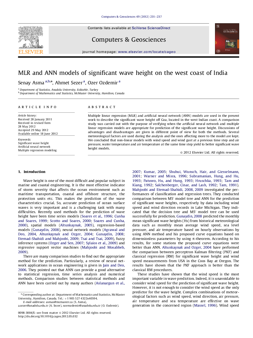 عکس صفحه اول مقاله: MLR and ANN models of significant wave height on the west coast of India MLR and ANN models of significant wave height on the west coast of India