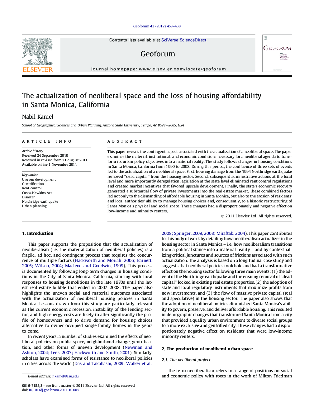 The actualization of neoliberal space and the loss of housing affordability in Santa Monica, California