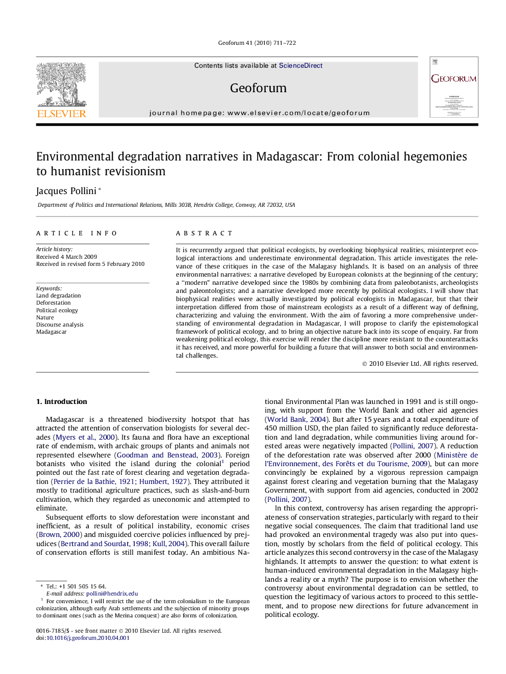 Environmental degradation narratives in Madagascar: From colonial hegemonies to humanist revisionism