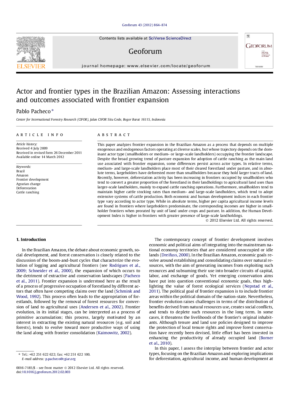 Actor and frontier types in the Brazilian Amazon: Assessing interactions and outcomes associated with frontier expansion