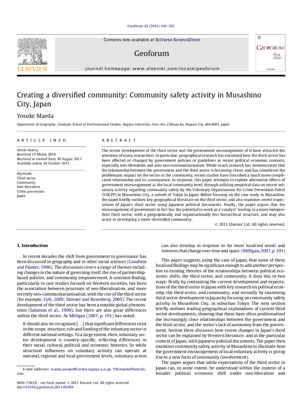 Creating a diversified community: Community safety activity in Musashino City, Japan