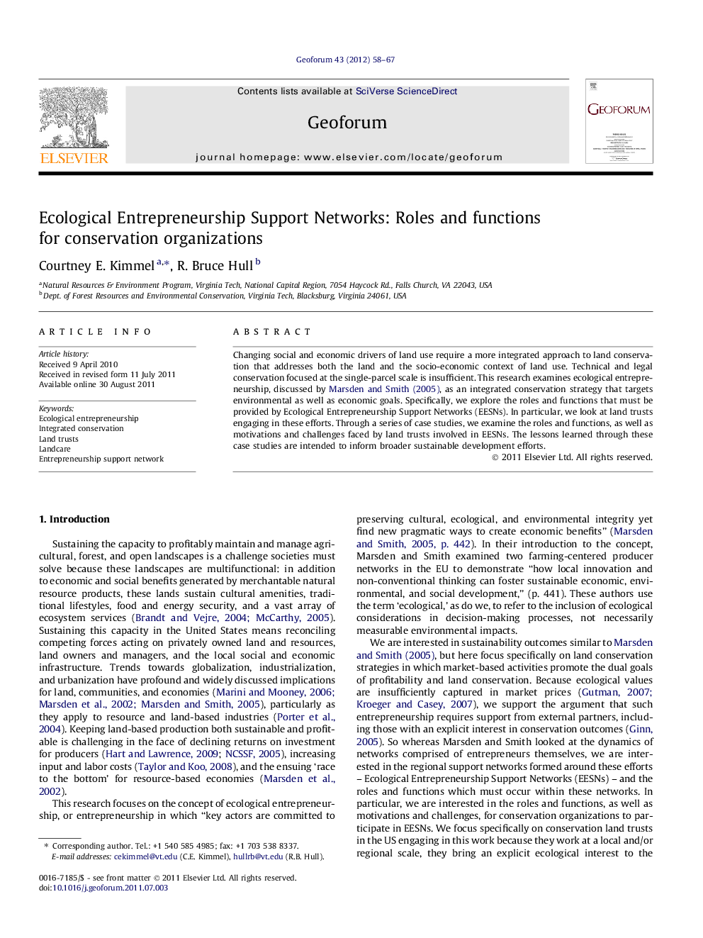 Ecological Entrepreneurship Support Networks: Roles and functions for conservation organizations