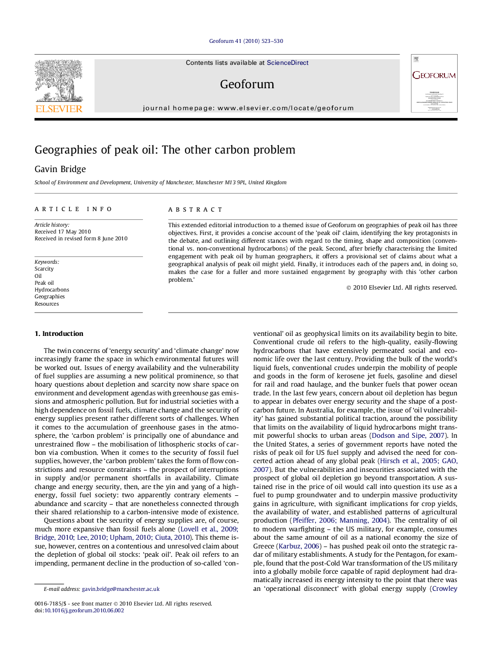 عکس صفحه اول مقاله: Geographies of peak oil: The other carbon problem Geographies of peak oil: The other carbon problem