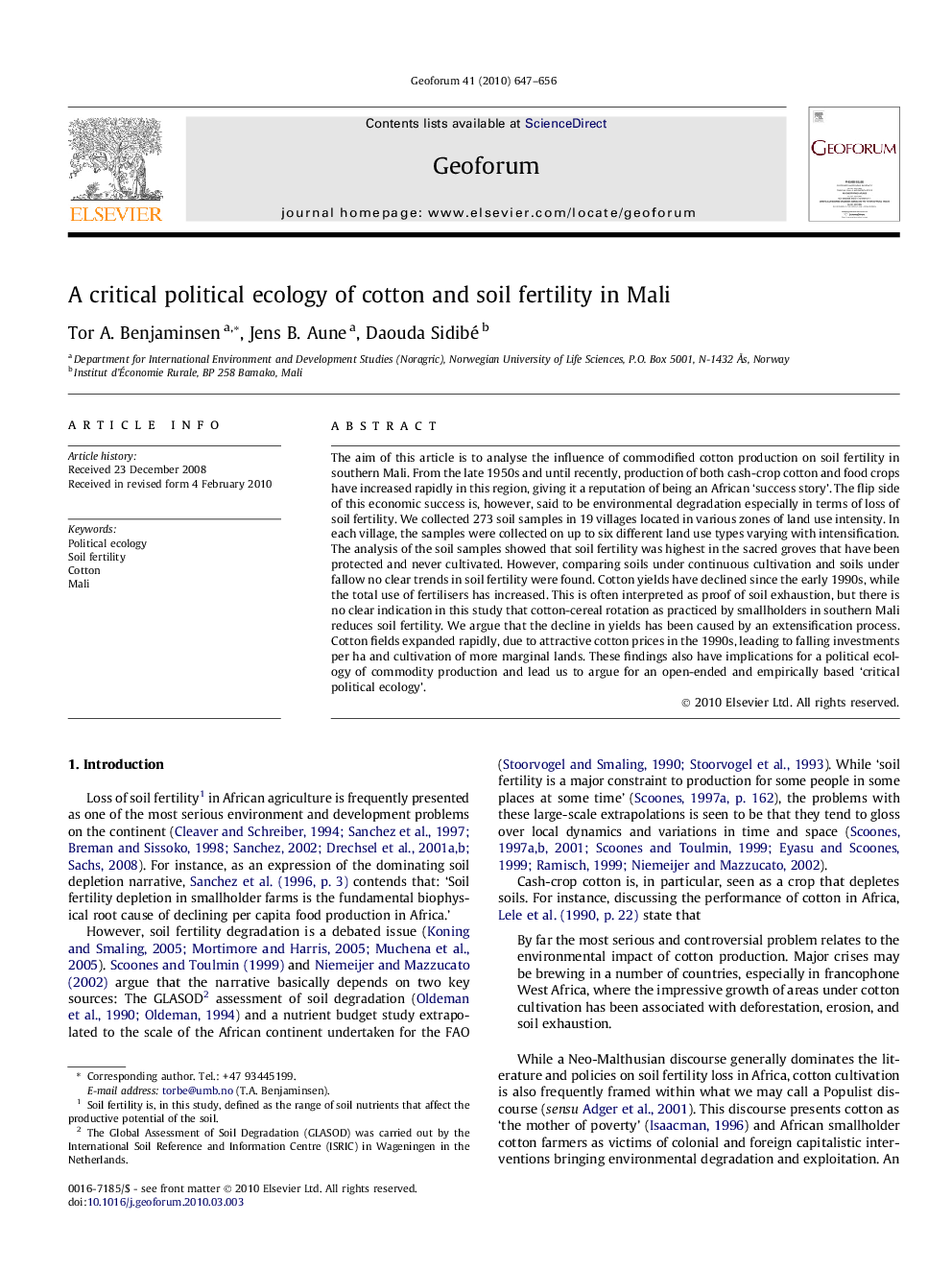 A critical political ecology of cotton and soil fertility in Mali