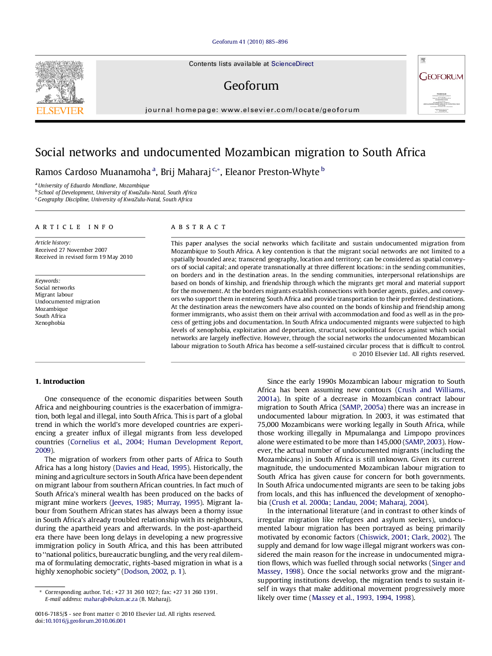 Social networks and undocumented Mozambican migration to South Africa