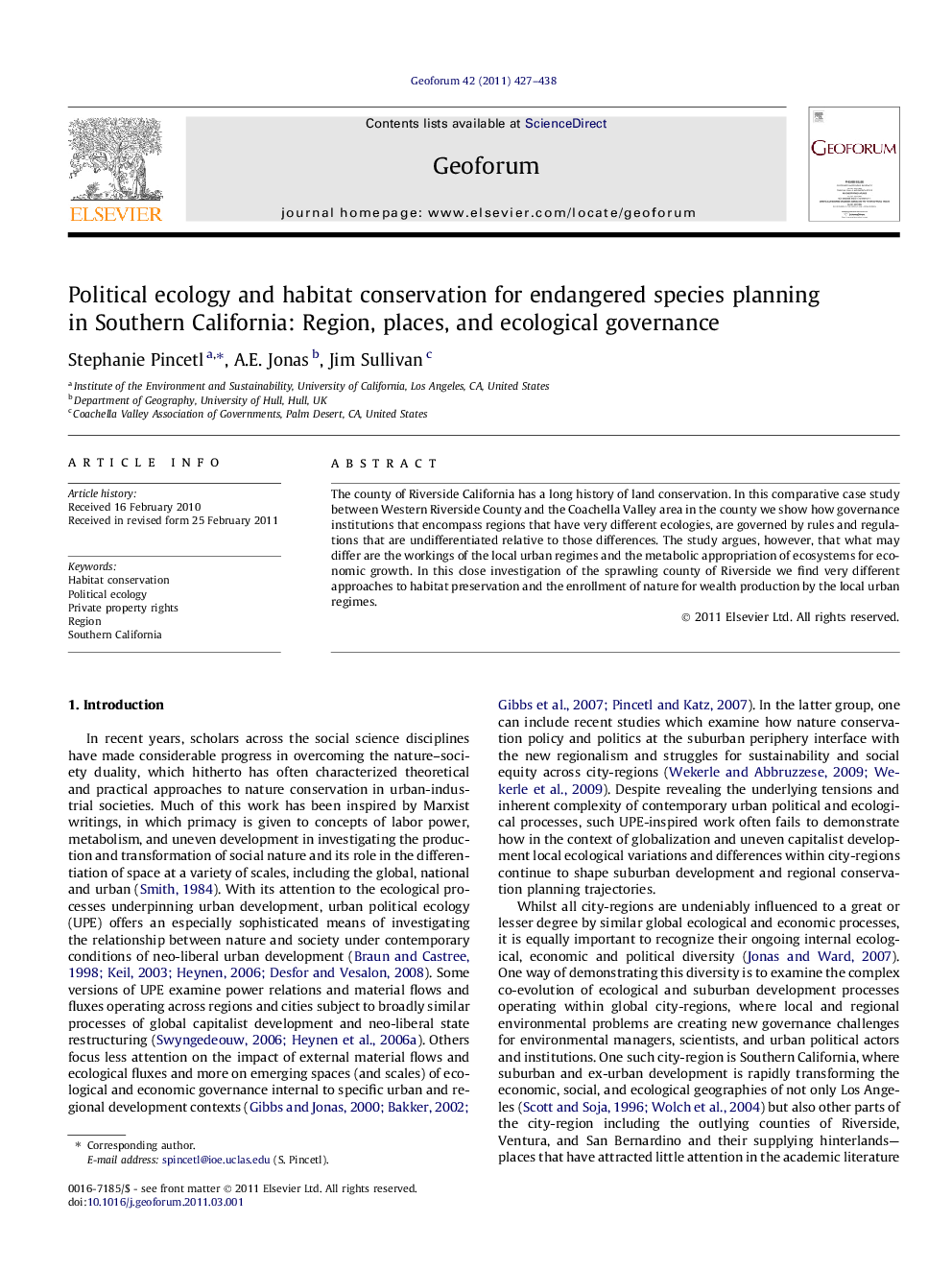 عکس صفحه اول مقاله: Political ecology and habitat conservation for endangered species planning in Southern California: Region, places, and ecological governance Political ecology and habitat conservation for endangered species planning in Southern California: Region, places, and ecological governance