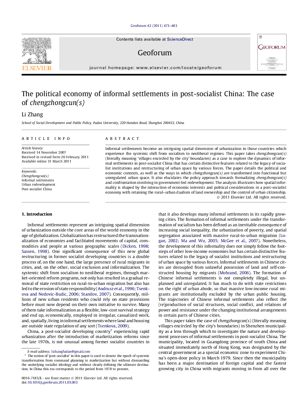 The political economy of informal settlements in post-socialist China: The case of chengzhongcun(s)