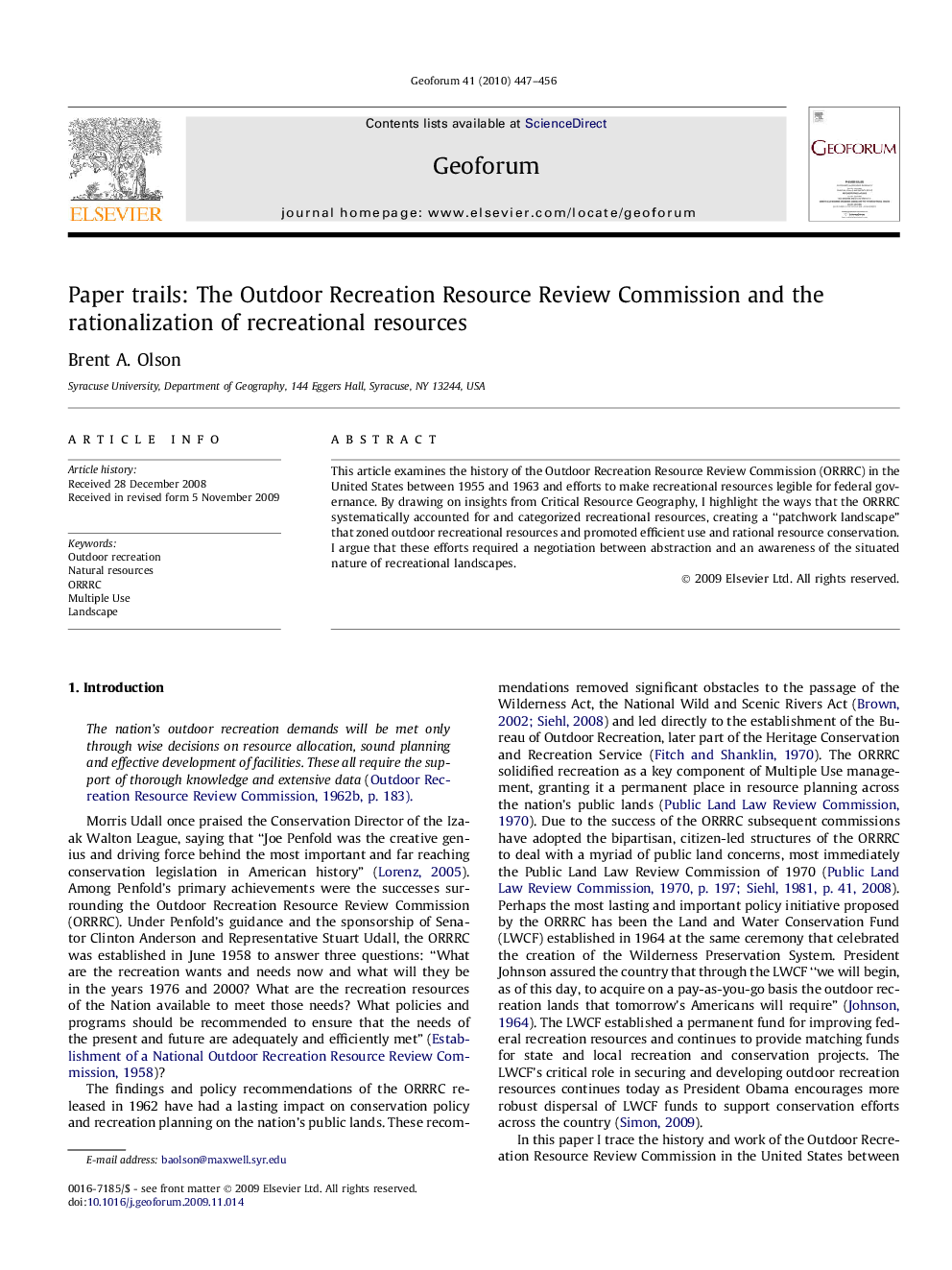 Paper trails: The Outdoor Recreation Resource Review Commission and the rationalization of recreational resources