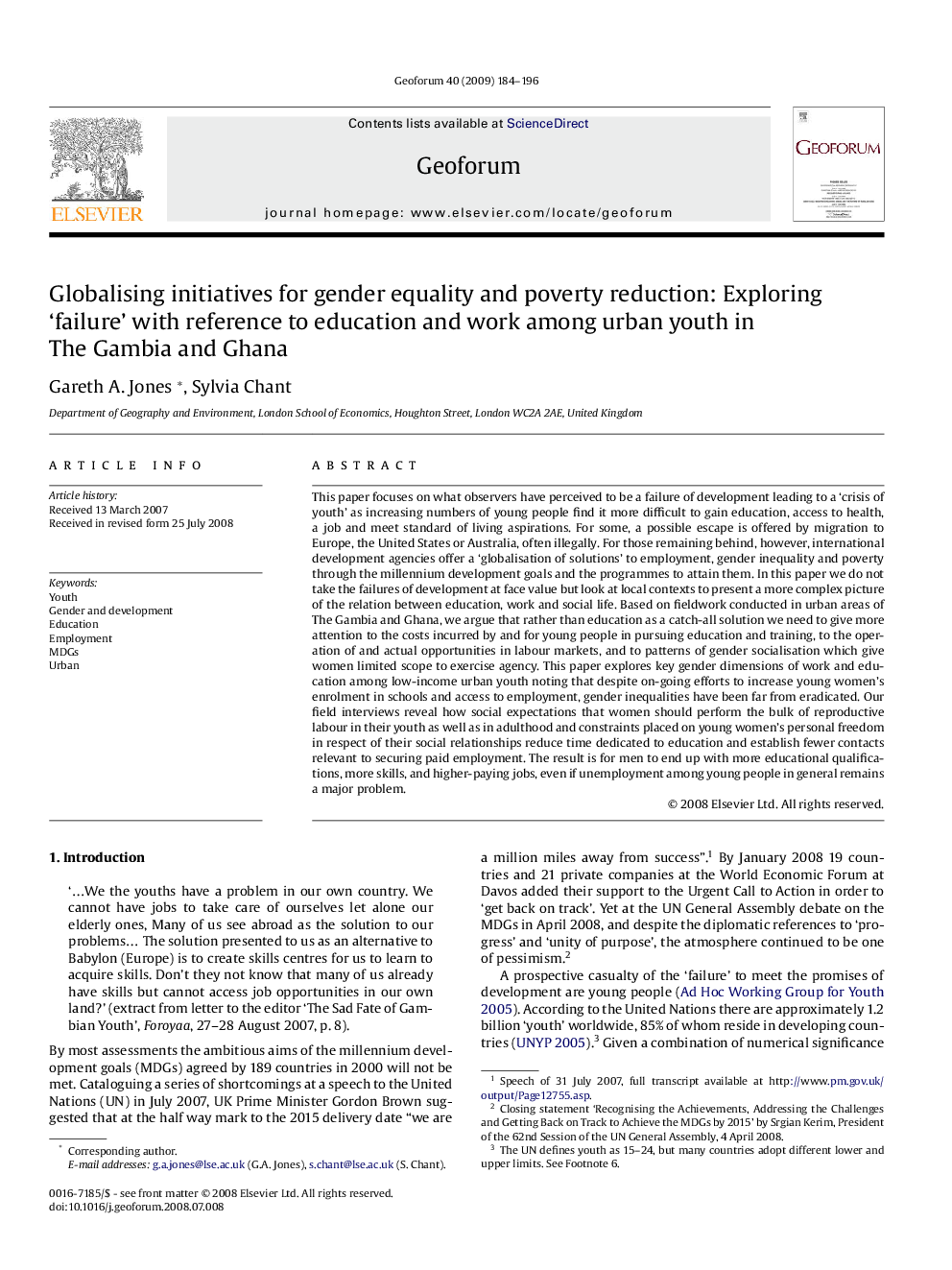 Globalising initiatives for gender equality and poverty reduction: Exploring 'failure' with reference to education and work among urban youth in The Gambia and Ghana