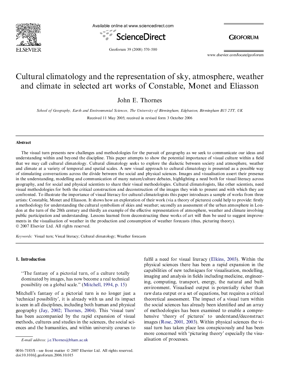 Cultural climatology and the representation of sky, atmosphere, weather and climate in selected art works of Constable, Monet and Eliasson