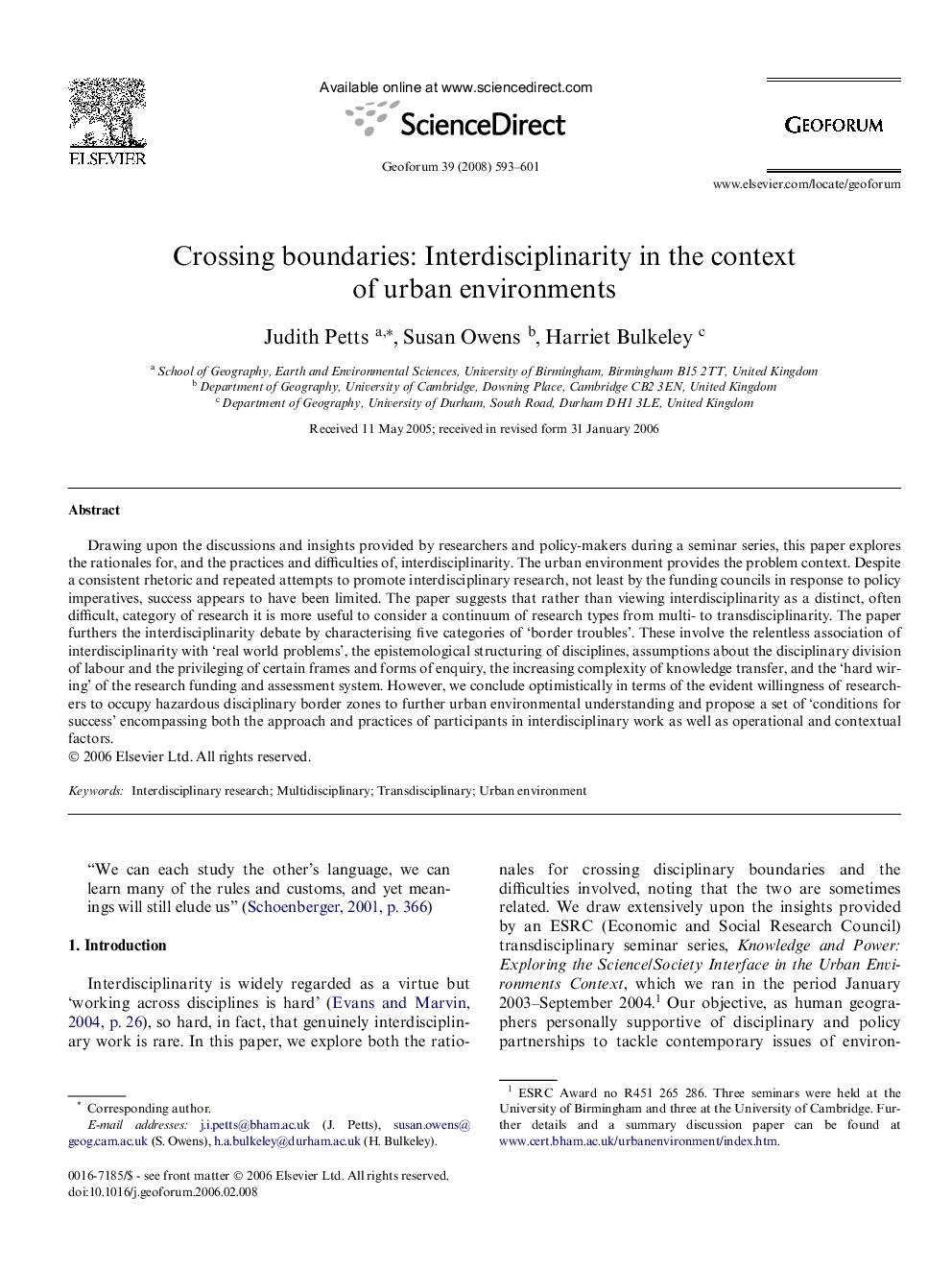 Crossing boundaries: Interdisciplinarity in the context of urban environments