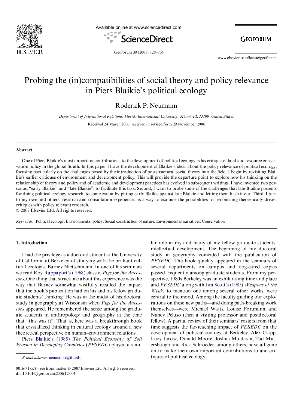 Probing the (in)compatibilities of social theory and policy relevance in Piers Blaikie's political ecology