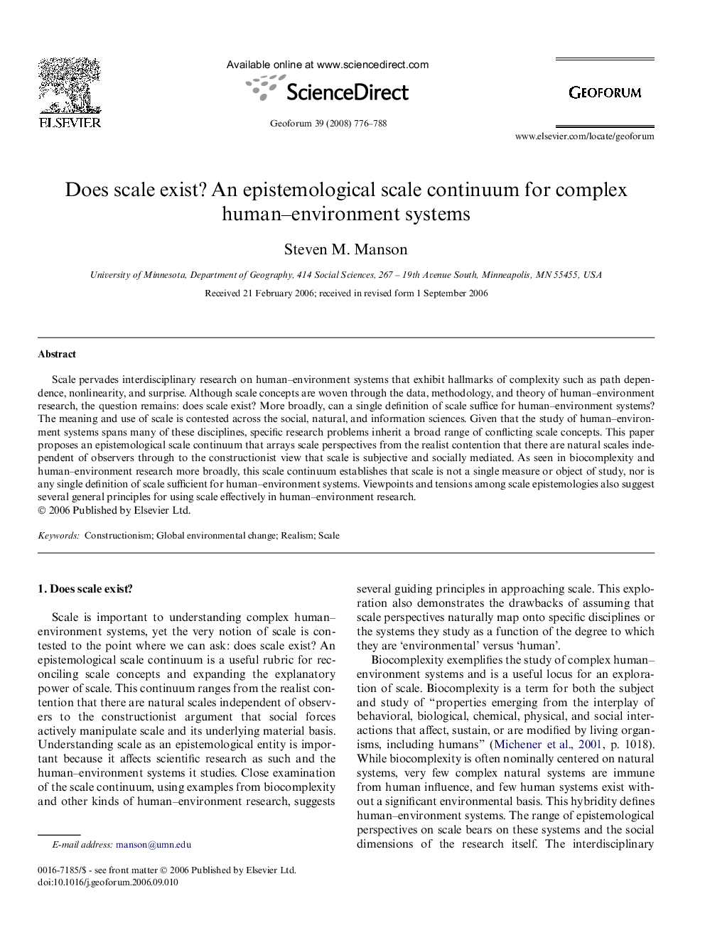 Does scale exist? An epistemological scale continuum for complex human-environment systems