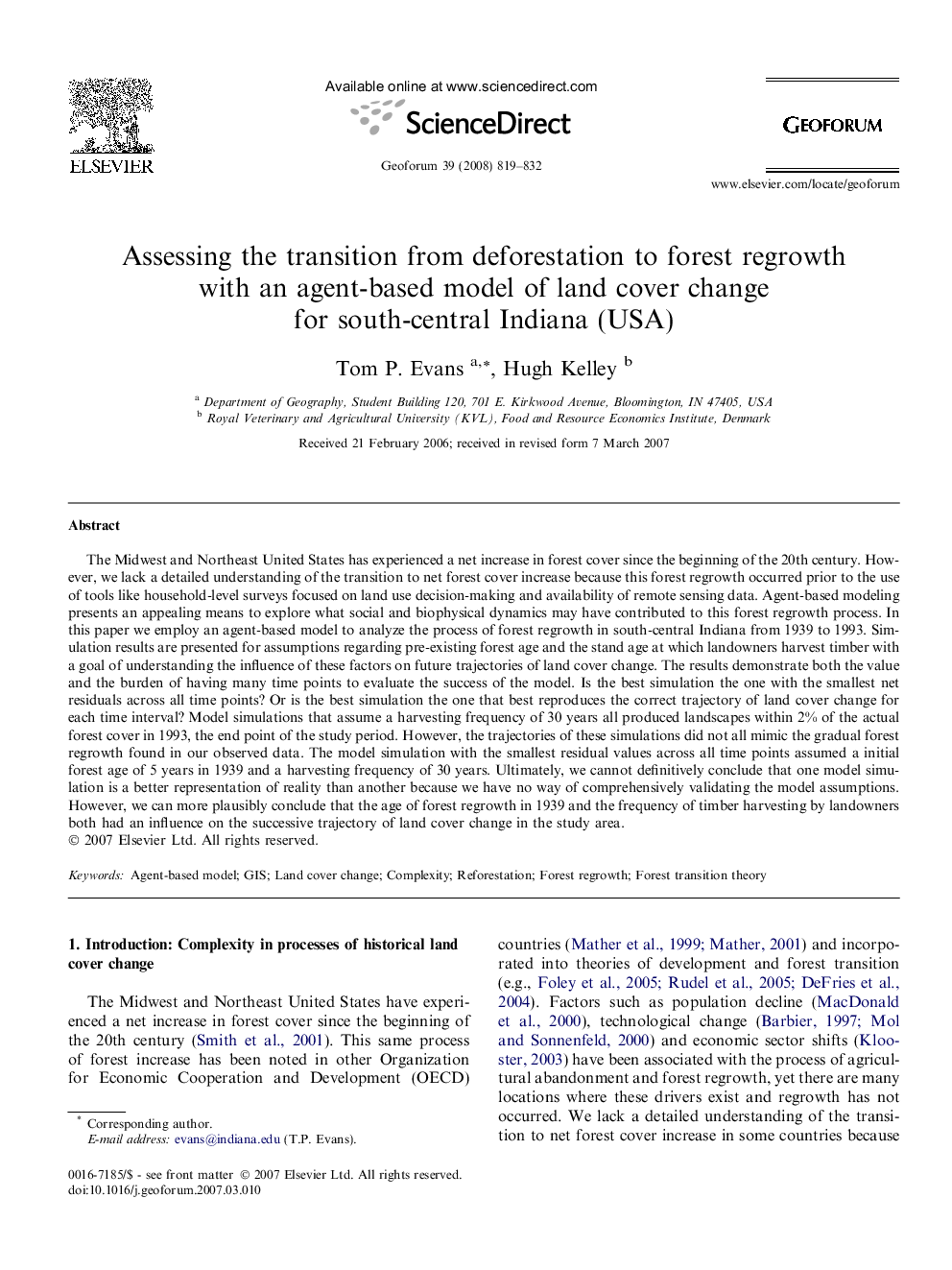 Assessing the transition from deforestation to forest regrowth with an agent-based model of land cover change for south-central Indiana (USA)